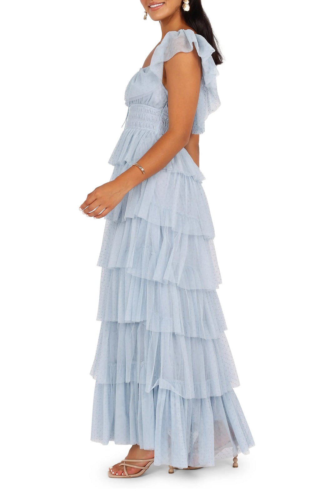 A-Line Square Neck Cap Sleeve Backless Floor-Length Prom Dress