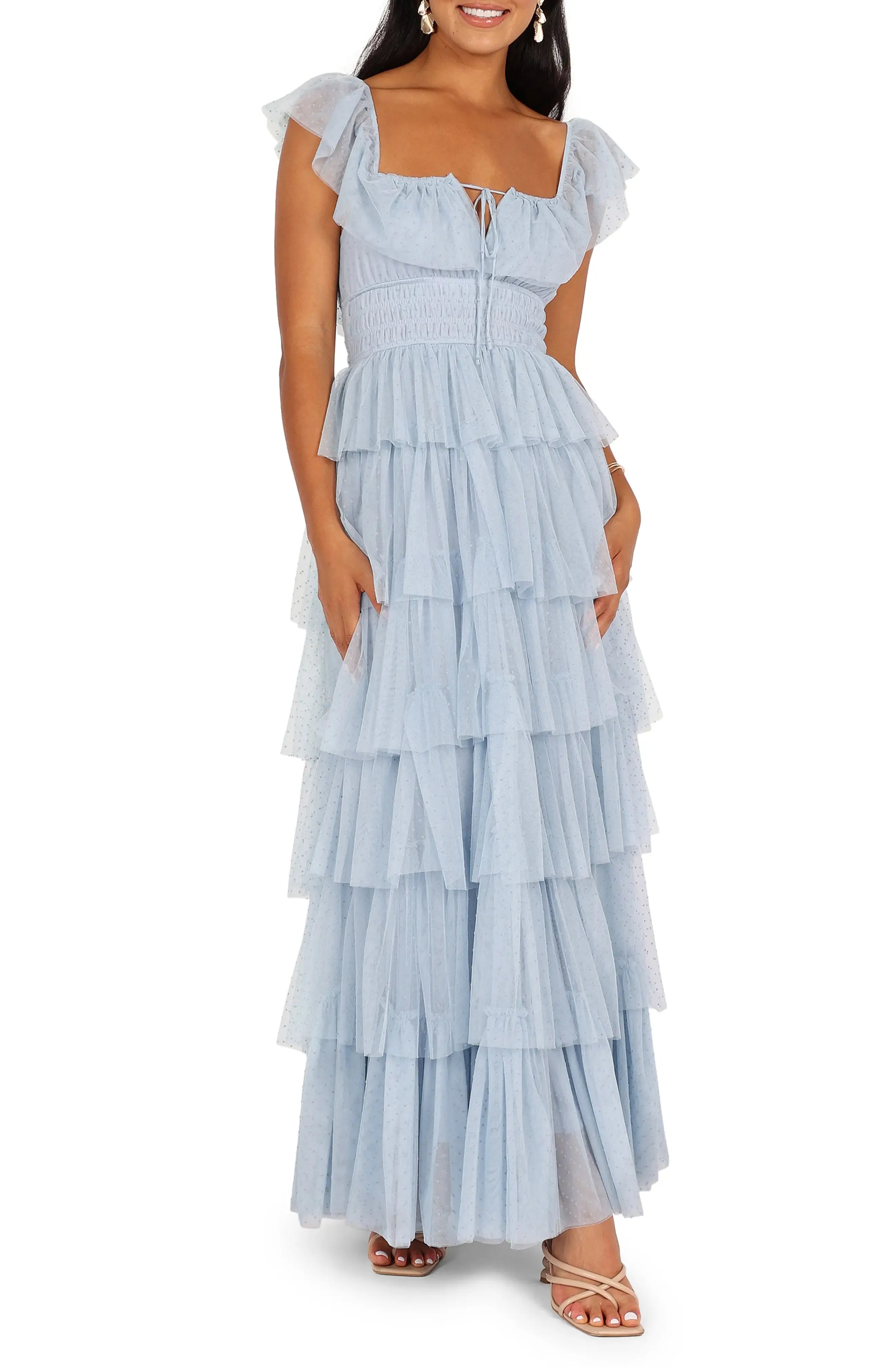 A-Line Square Neck Cap Sleeve Backless Floor-Length Prom Dress