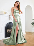 Satin Prom Dress Showstopping A Line Sage Green With Crisscross Back Floor Length For Prom Night