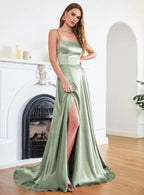 Satin Prom Dress Showstopping A Line Sage Green With Crisscross Back Floor Length For Prom Night