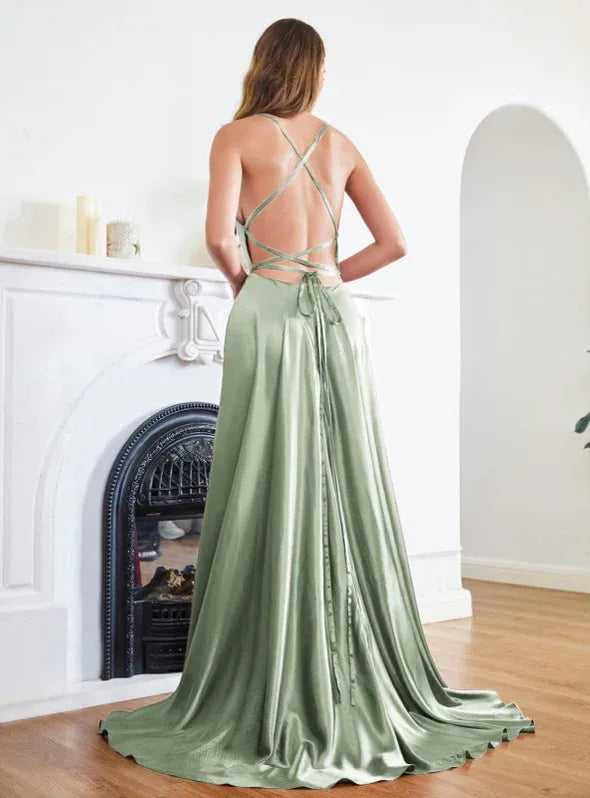 Satin Prom Dress Showstopping A Line Sage Green With Crisscross Back Floor Length For Prom Night
