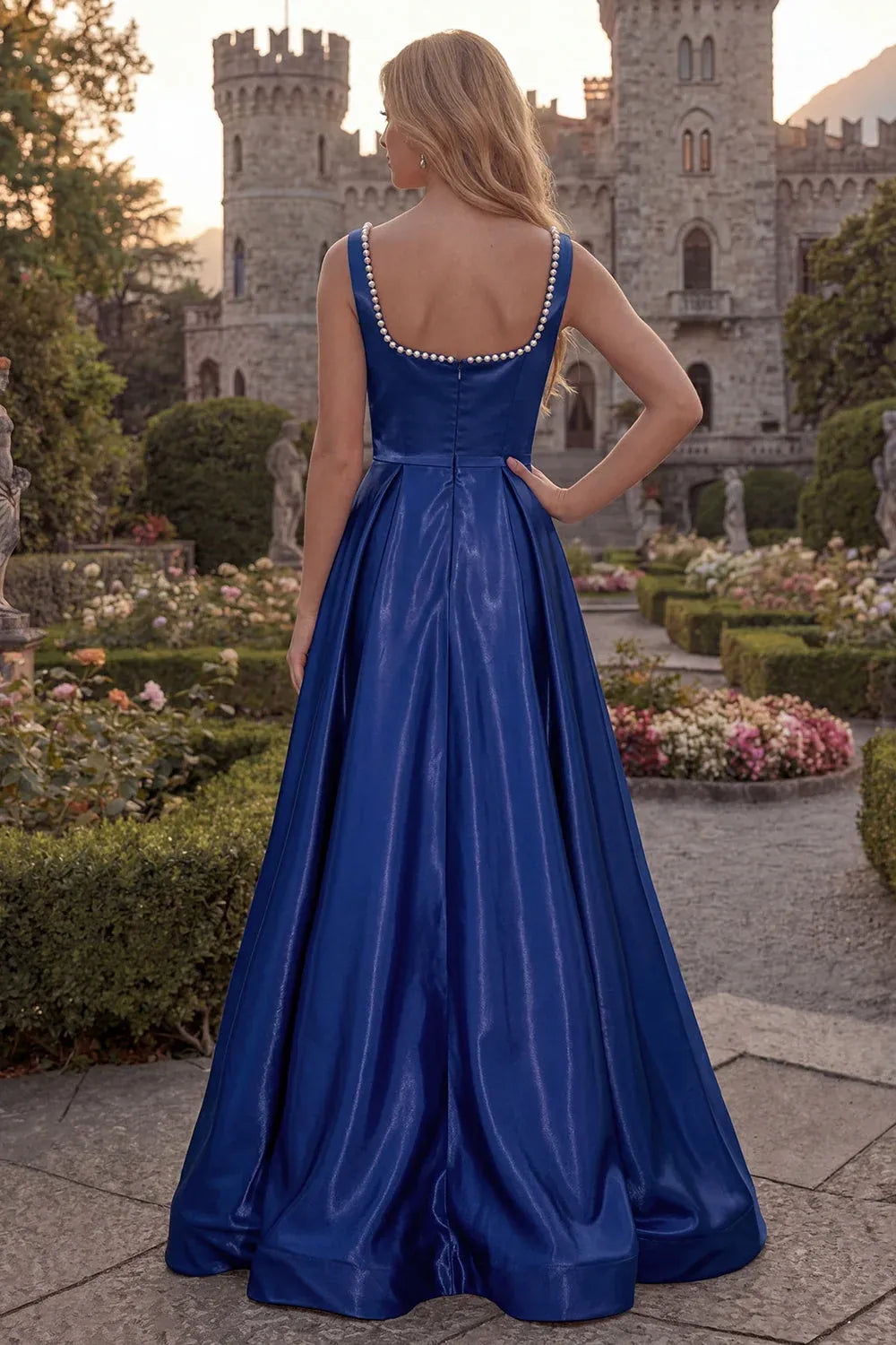 Elegant Prom Dress With Pearl Embellished Square Neck Satin Bodice In Royal Blue Maxi With Slit For Prom Night