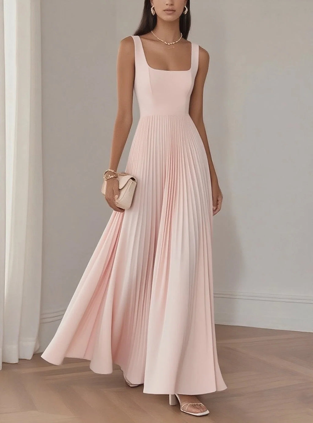 Robe de soirée élégante longue sans manches avec col carré, coupe trapèze et fermeture éclair au dos