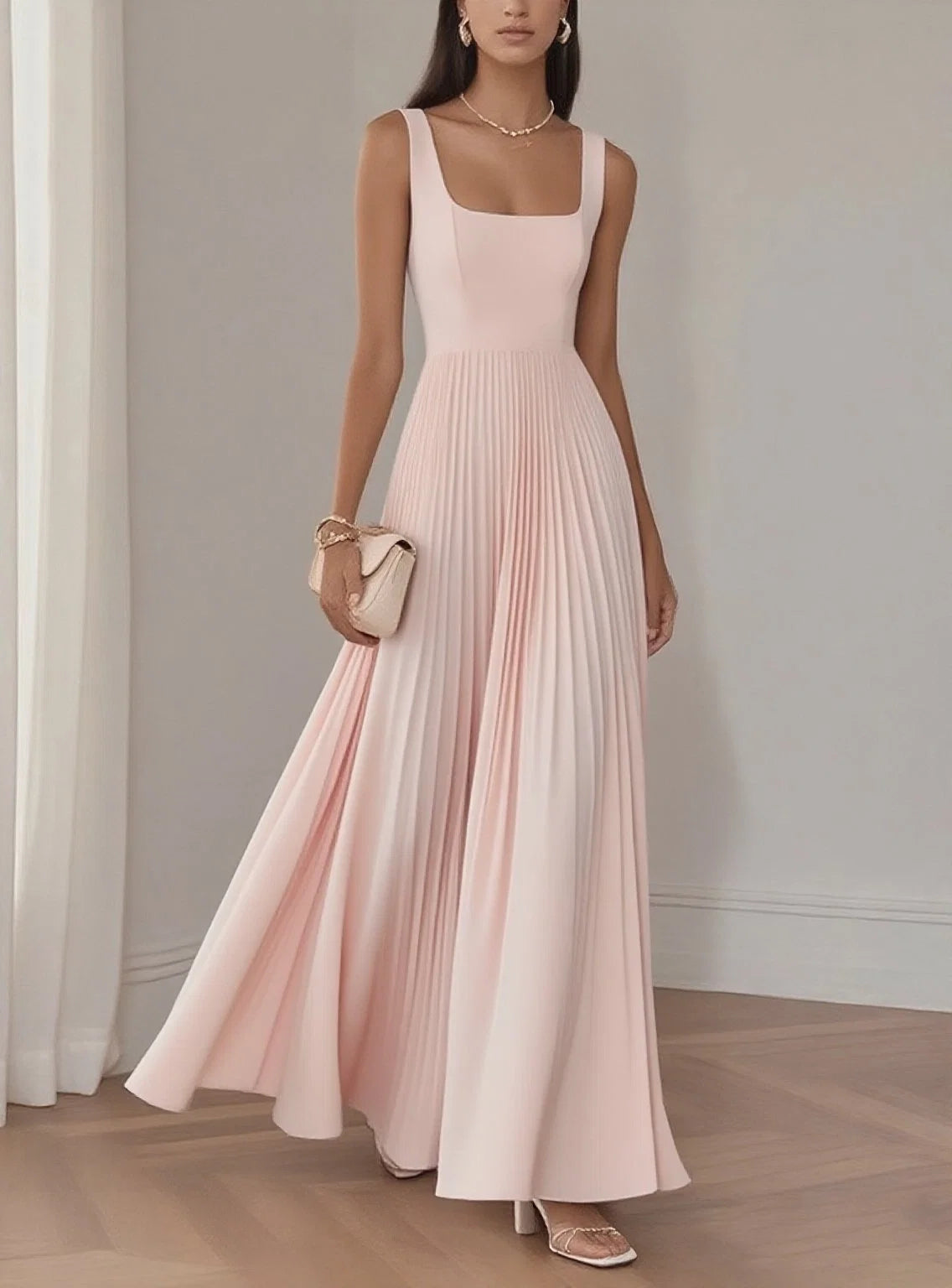 Robe de soirée élégante longue sans manches avec col carré, coupe trapèze et fermeture éclair au dos