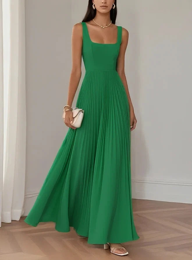 Robe de soirée élégante longue sans manches avec col carré, coupe trapèze et fermeture éclair au dos