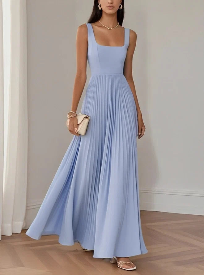 Robe de soirée élégante longue sans manches avec col carré, coupe trapèze et fermeture éclair au dos