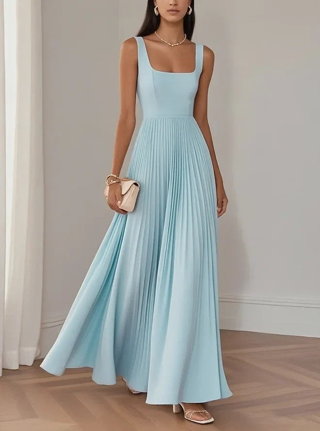 Robe de soirée élégante longue sans manches avec col carré, coupe trapèze et fermeture éclair au dos