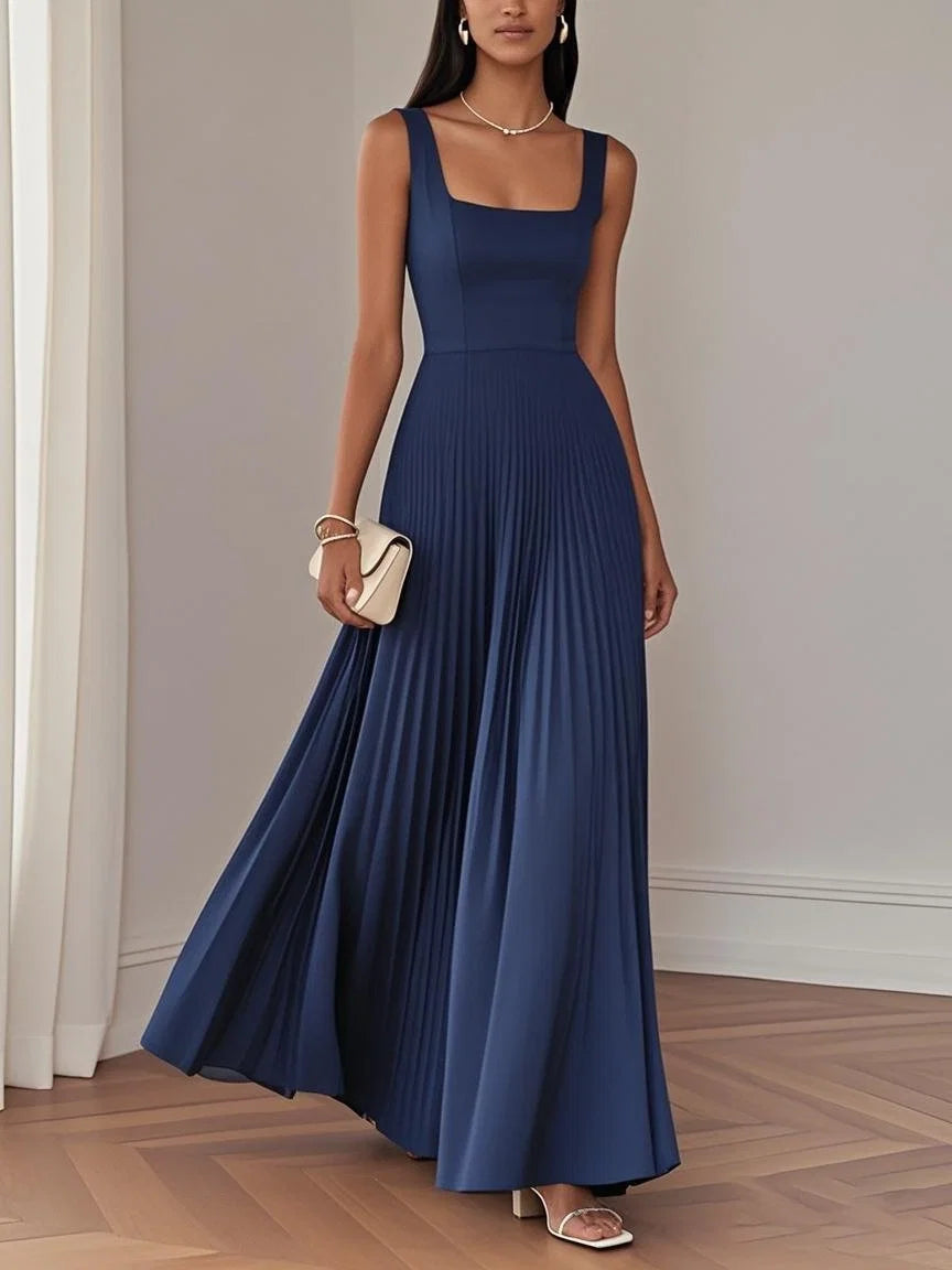 Robe de soirée élégante longue sans manches avec col carré, coupe trapèze et fermeture éclair au dos
