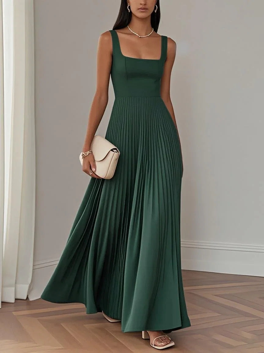 Robe de soirée élégante longue sans manches avec col carré, coupe trapèze et fermeture éclair au dos