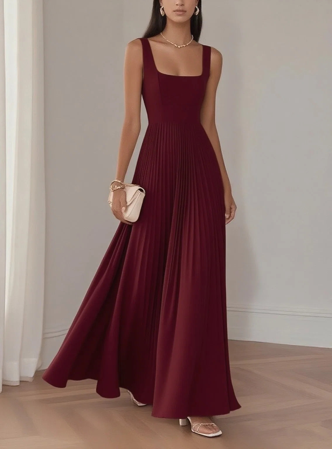 Robe de soirée élégante longue sans manches avec col carré, coupe trapèze et fermeture éclair au dos