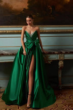 Emerald Green Prom Dress Beaded Bodice A Line Strapless Satin Floor Length With Dramatic Bow