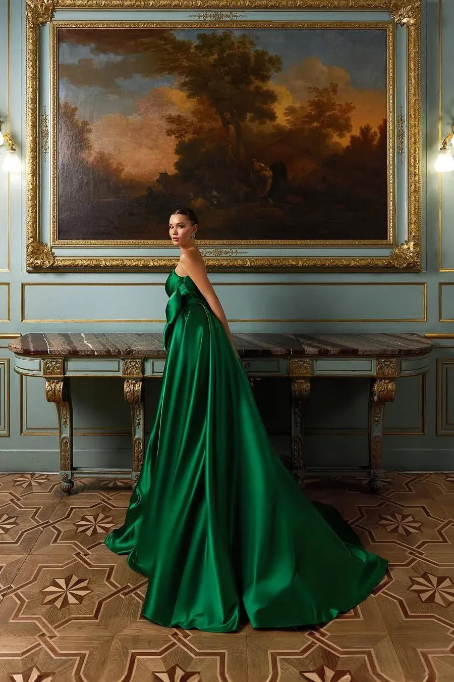 Emerald Green Prom Dress Beaded Bodice A Line Strapless Satin Floor Length With Dramatic Bow