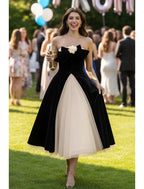 Elegant A-Line Strapless Bow Floral Black Champagne Tea Length Prom Dress For Sale