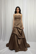 Prom Dress Strapless Satin Brown A Line With Corset Bodice And Lace Up Back For Elegant Young Women