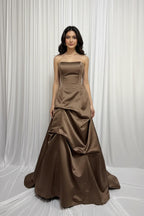 Prom Dress Strapless Satin Brown A Line With Corset Bodice And Lace Up Back For Elegant Young Women