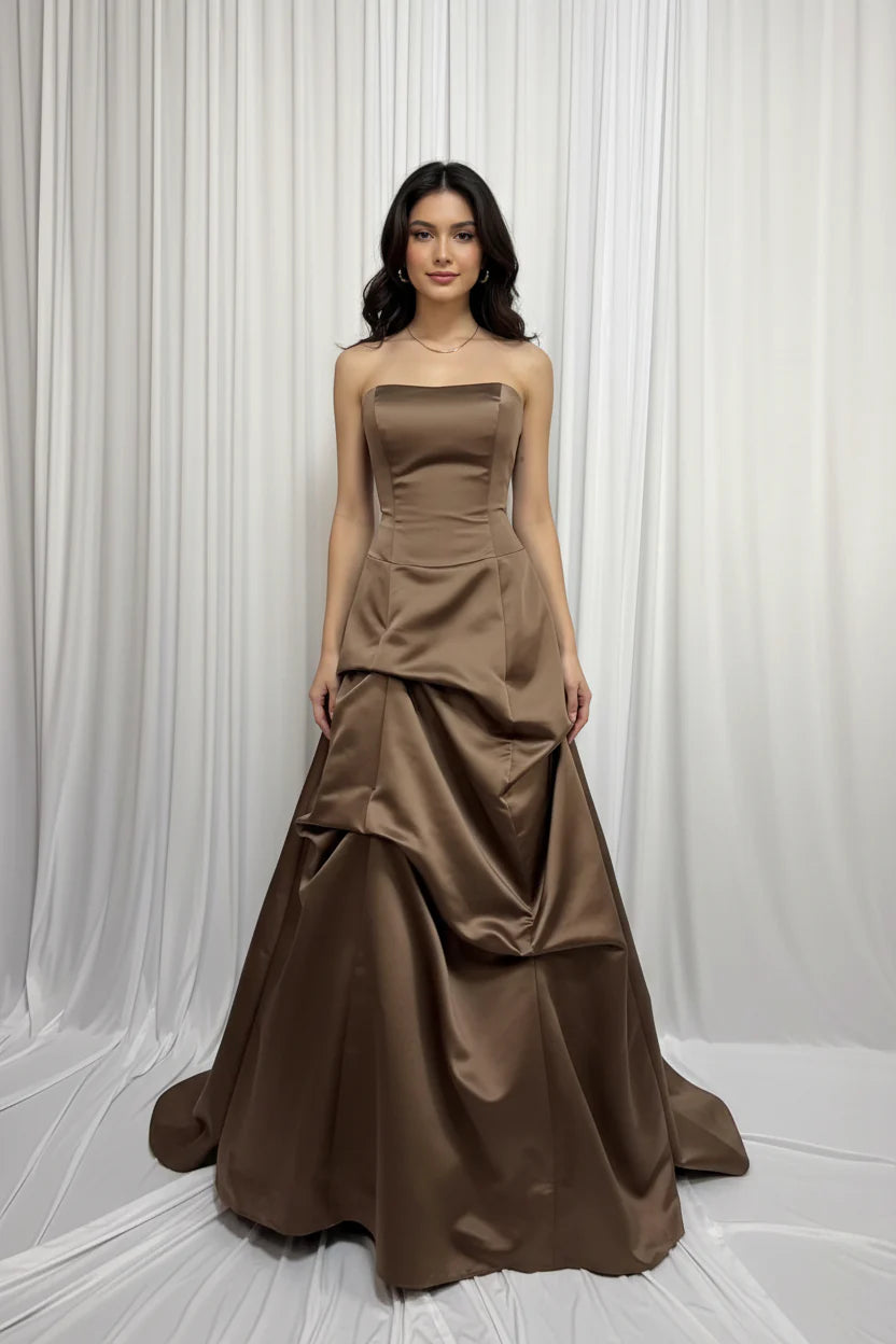 Prom Dress Strapless Satin Brown A Line With Corset Bodice And Lace Up Back For Elegant Young Women