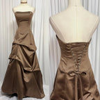 Prom Dress Strapless Satin Brown A Line With Corset Bodice And Lace Up Back For Elegant Young Women