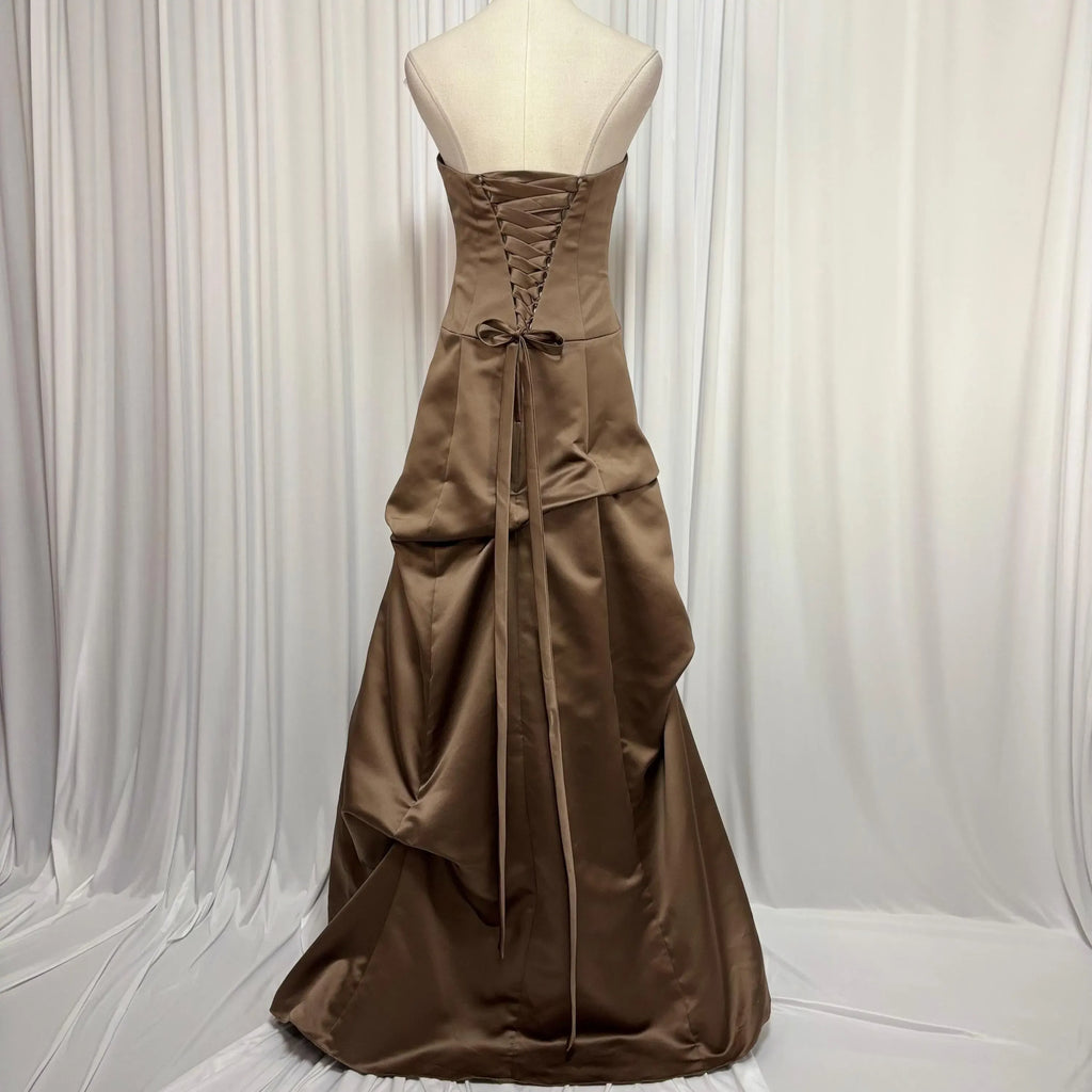 Prom Dress Strapless Satin Brown A Line With Corset Bodice And Lace Up Back For Elegant Young Women