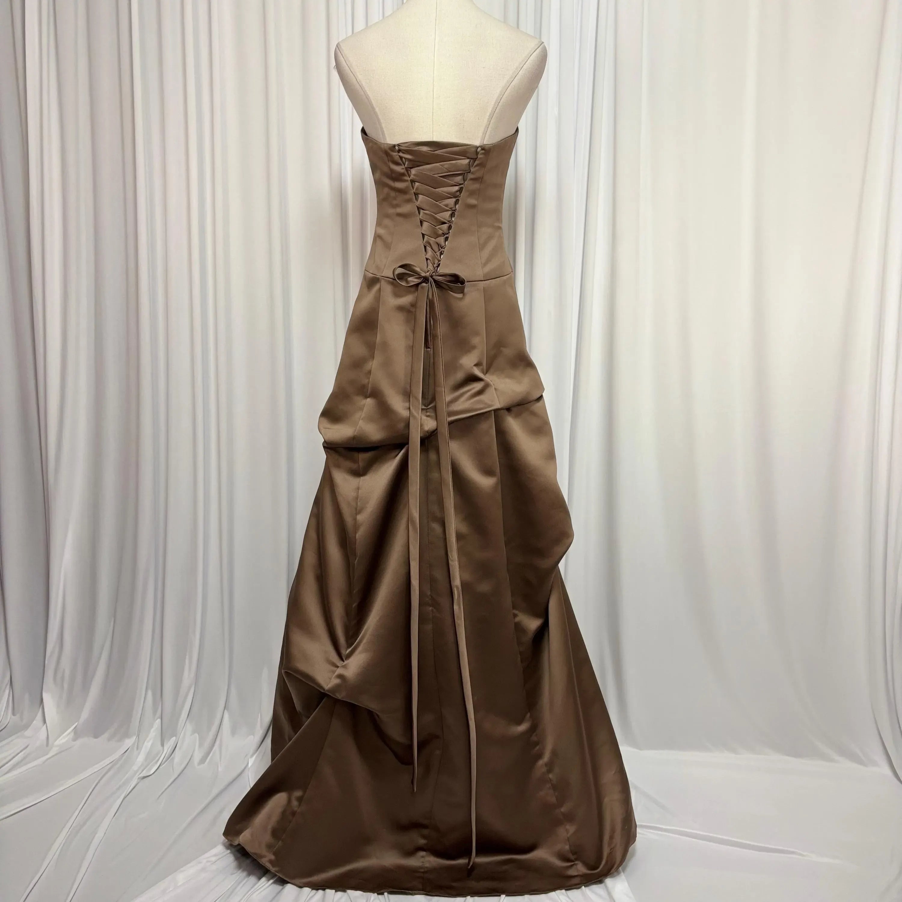 Prom Dress Strapless Satin Brown A Line With Corset Bodice And Lace Up Back For Elegant Young Women