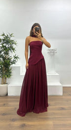 Prom Dress Elegant Burgundy A-Line Strapless Chiffon Floor-Length With Draped Scarf Detail For Sophisticated Prom Nights