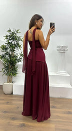 Prom Dress Elegant Burgundy A-Line Strapless Chiffon Floor-Length With Draped Scarf Detail For Sophisticated Prom Nights