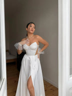 Prom Dress With Corset Waist Mesh Panels For Teens Elegant A Line Strapless White Long Gown
