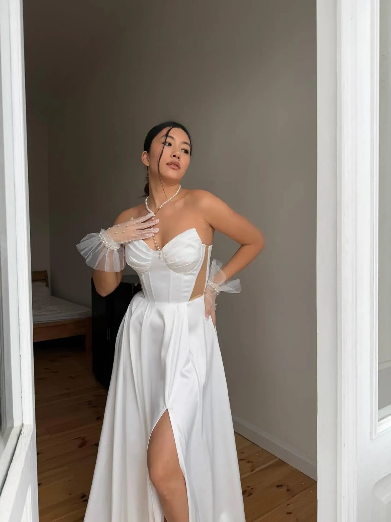 Prom Dress With Corset Waist Mesh Panels For Teens Elegant A Line Strapless White Long Gown