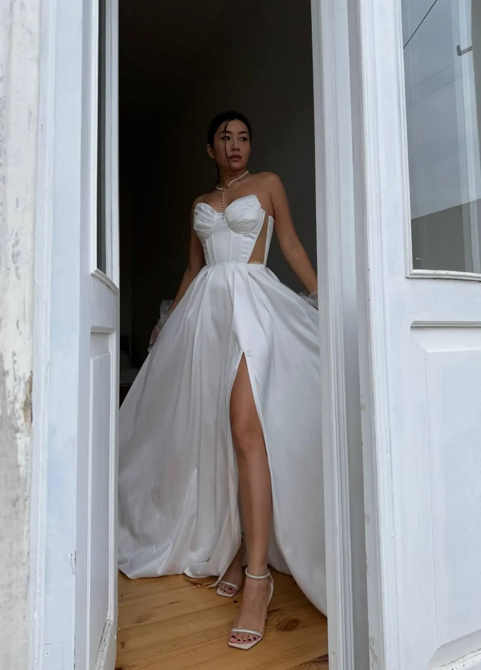 Prom Dress With Corset Waist Mesh Panels For Teens Elegant A Line Strapless White Long Gown