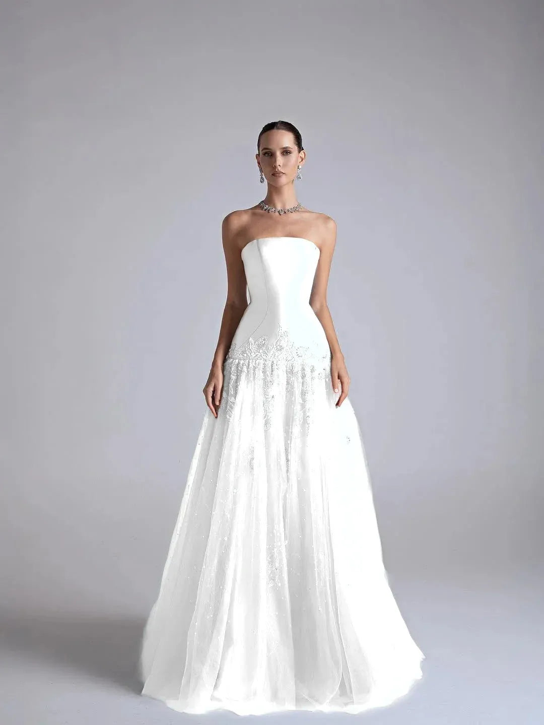 Elegant A Line Strapless Beaded Long Prom Dress With Flower Appliques In Light Blue For Prom Night