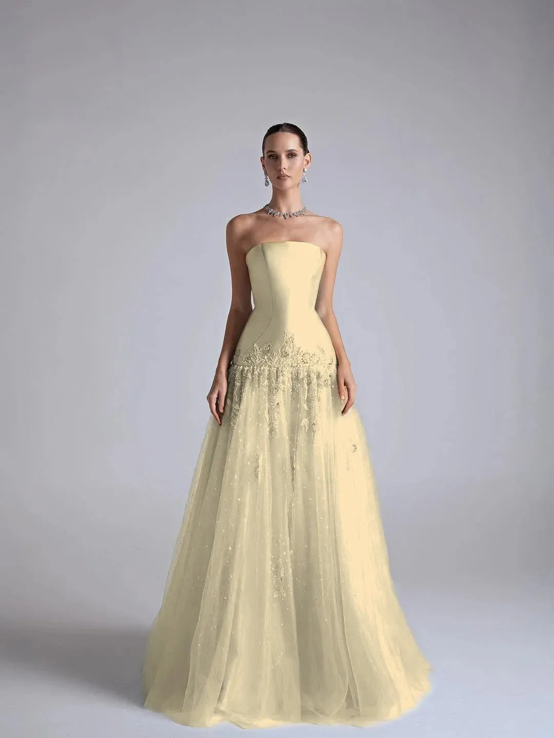 Elegant A Line Strapless Beaded Long Prom Dress With Flower Appliques In Light Blue For Prom Night