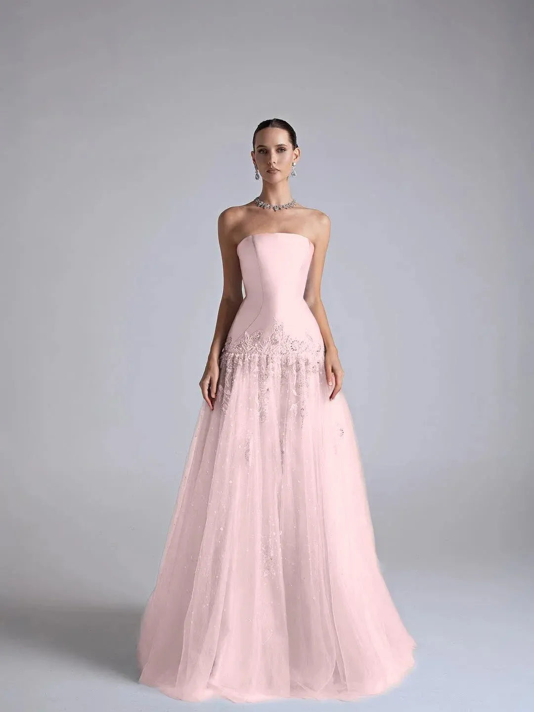 Elegant A Line Strapless Beaded Long Prom Dress With Flower Appliques In Light Blue For Prom Night