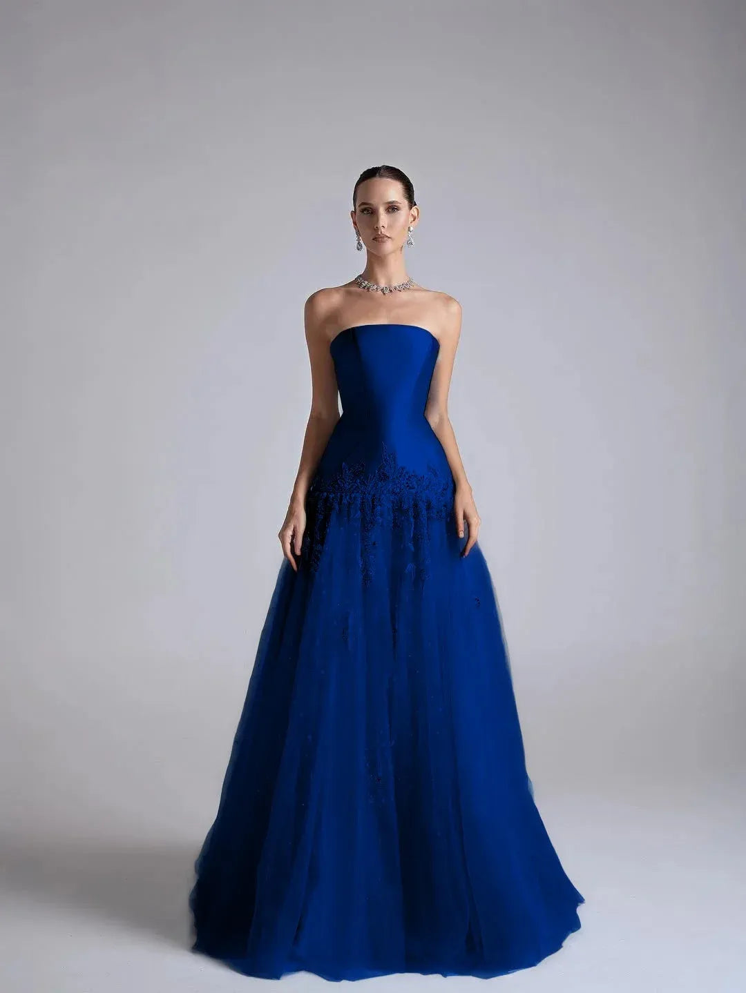 Elegant A Line Strapless Beaded Long Prom Dress With Flower Appliques In Light Blue For Prom Night