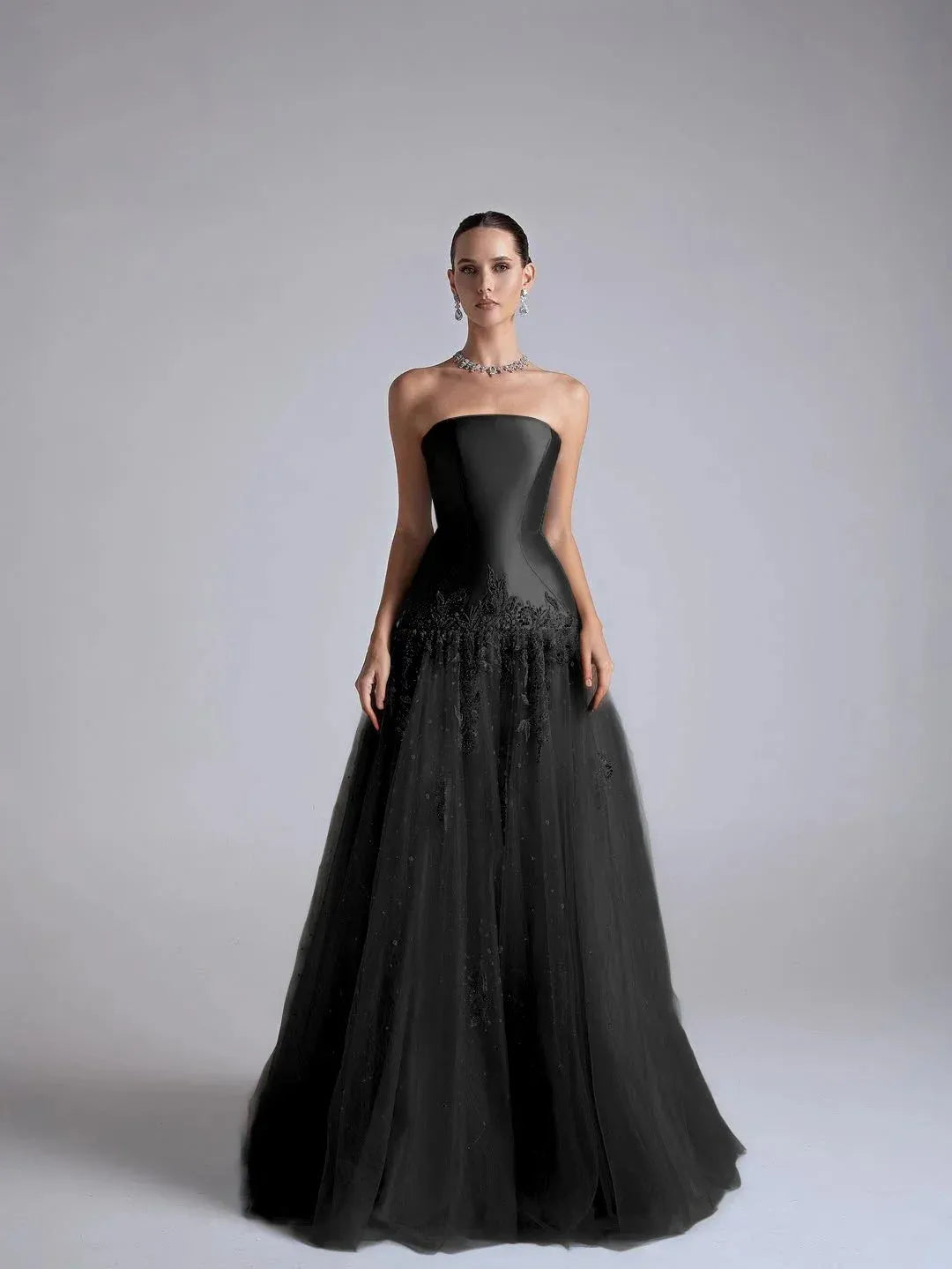 Elegant A Line Strapless Beaded Long Prom Dress With Flower Appliques In Light Blue For Prom Night