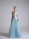 Elegant A Line Strapless Beaded Long Prom Dress With Flower Appliques In Light Blue For Prom Night