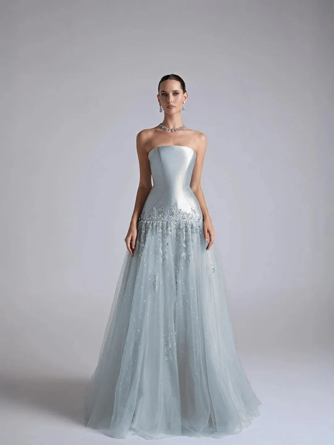 Elegant A Line Strapless Beaded Long Prom Dress With Flower Appliques In Light Blue For Prom Night