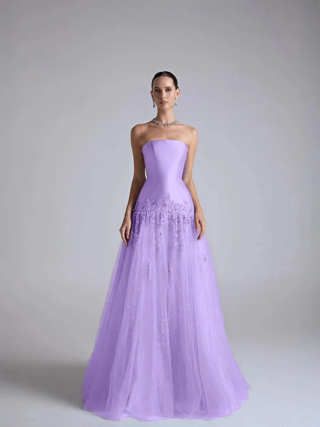 Elegant A Line Strapless Beaded Long Prom Dress With Flower Appliques In Light Blue For Prom Night