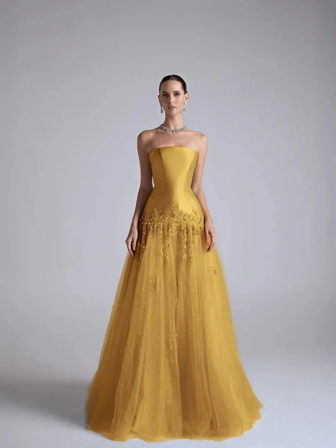 Elegant A Line Strapless Beaded Long Prom Dress With Flower Appliques In Light Blue For Prom Night