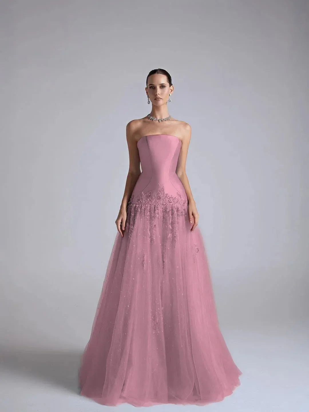 Elegant A Line Strapless Beaded Long Prom Dress With Flower Appliques In Light Blue For Prom Night