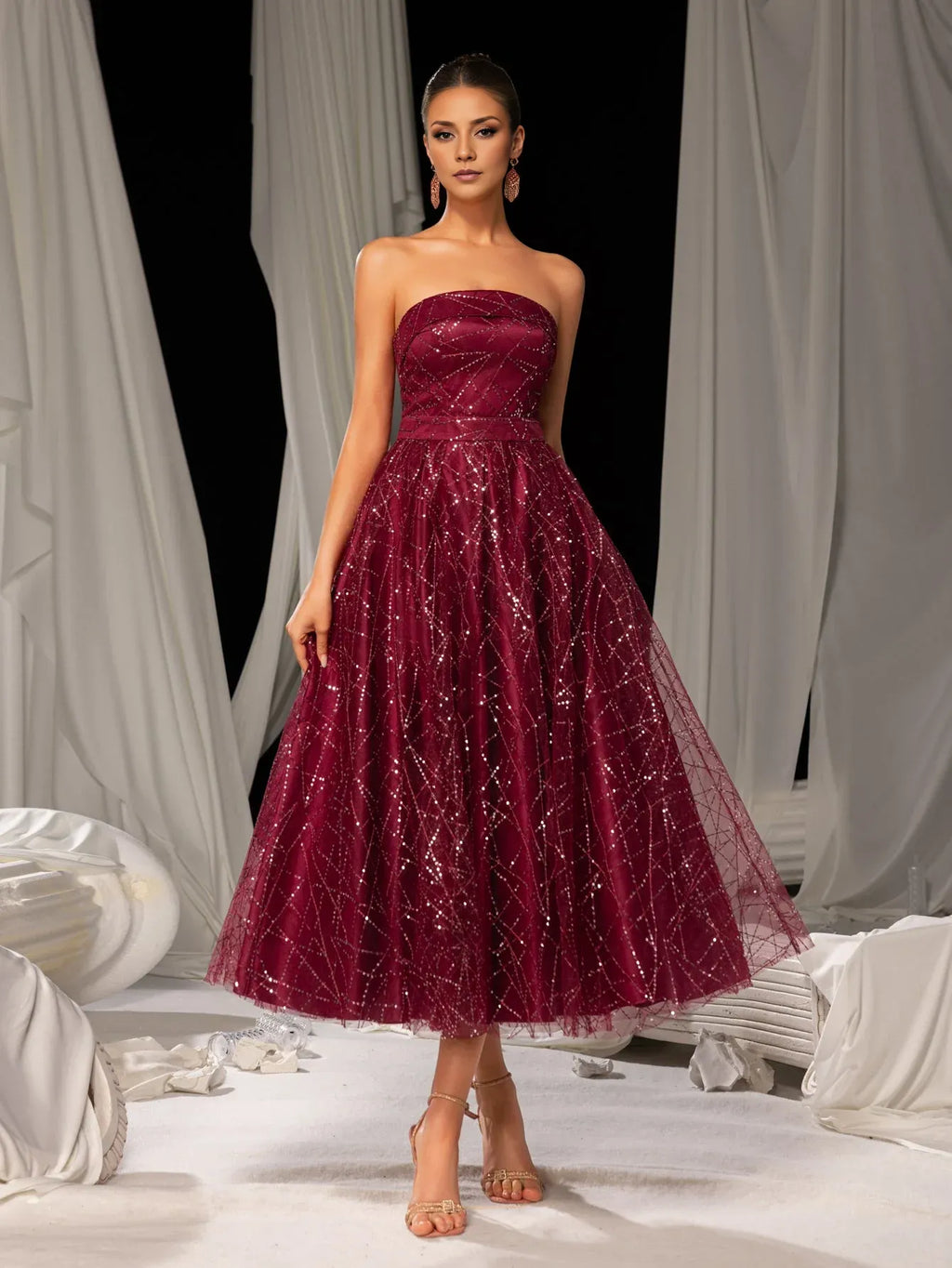 A-Line Strapless Neck Sleeveless Up Tea-Length Prom Dress