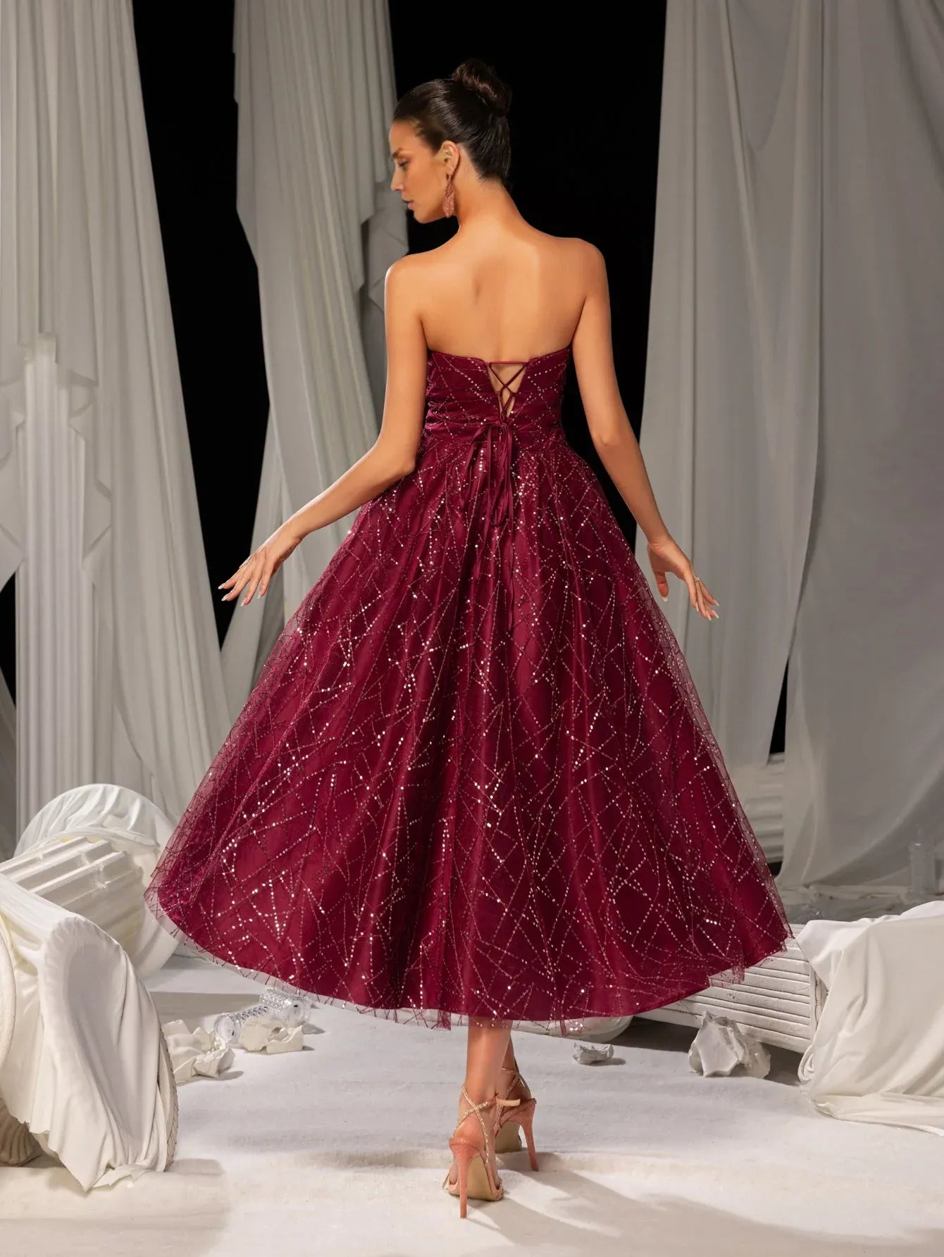 A-Line Strapless Neck Sleeveless Up Tea-Length Prom Dress