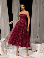 A-Line Strapless Neck Sleeveless Up Tea-Length Prom Dress