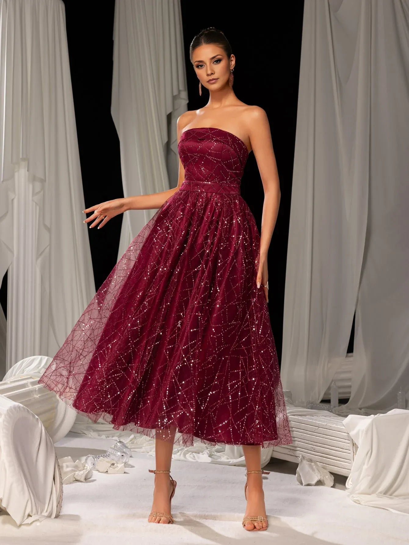 A-Line Strapless Neck Sleeveless Up Tea-Length Prom Dress