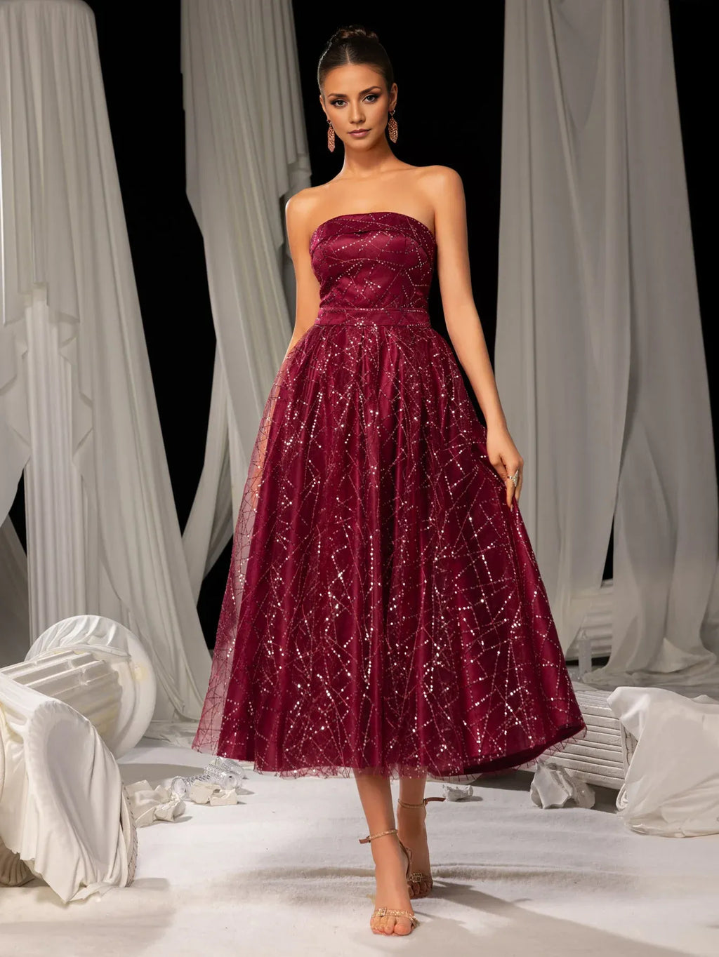 A-Line Strapless Neck Sleeveless Up Tea-Length Prom Dress