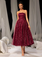 A-Line Strapless Neck Sleeveless Up Tea-Length Prom Dress