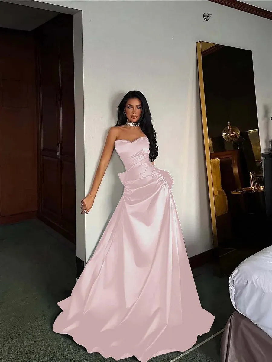 Prom Dress Satin Black Strapless Sweetheart Bodice With Pleated Bow Detail Perfect For Prom Night