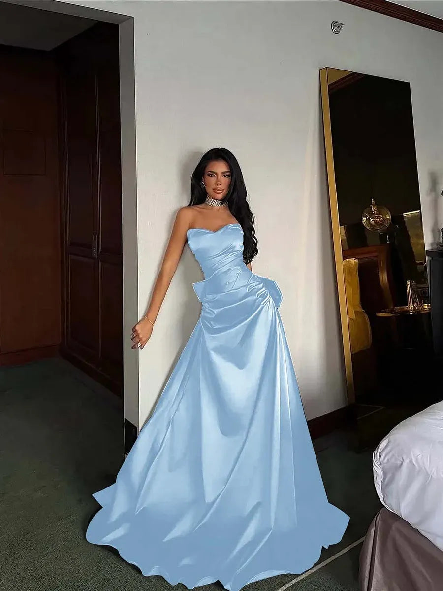 Prom Dress Satin Black Strapless Sweetheart Bodice With Pleated Bow Detail Perfect For Prom Night