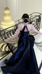 Navy Satin Prom Dress Elegant A Line Strapless Ruched Floor Length For Prom Goers Glamorous