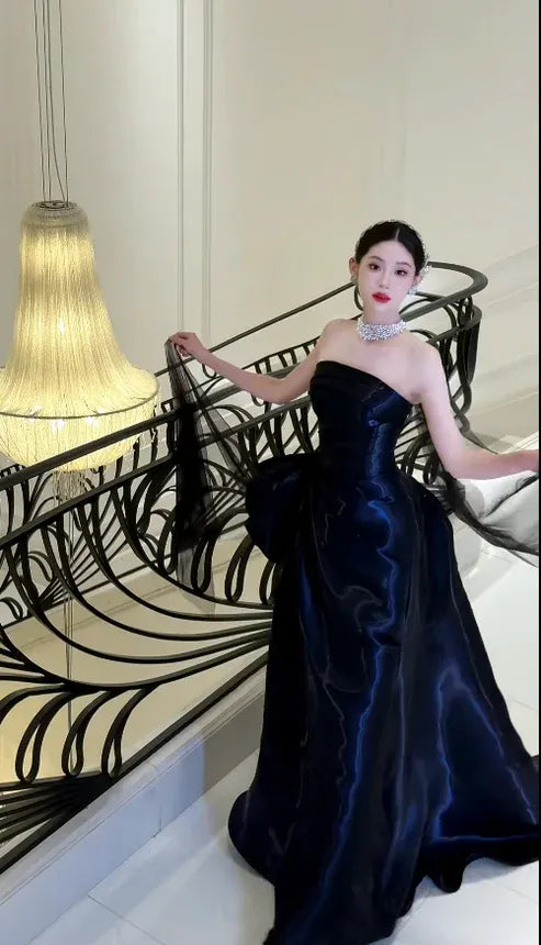 Navy Satin Prom Dress Elegant A Line Strapless Ruched Floor Length For Prom Goers Glamorous