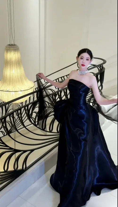 Navy Satin Prom Dress Elegant A Line Strapless Ruched Floor Length For Prom Goers Glamorous