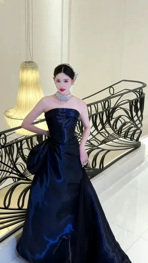 Navy Satin Prom Dress Elegant A Line Strapless Ruched Floor Length For Prom Goers Glamorous